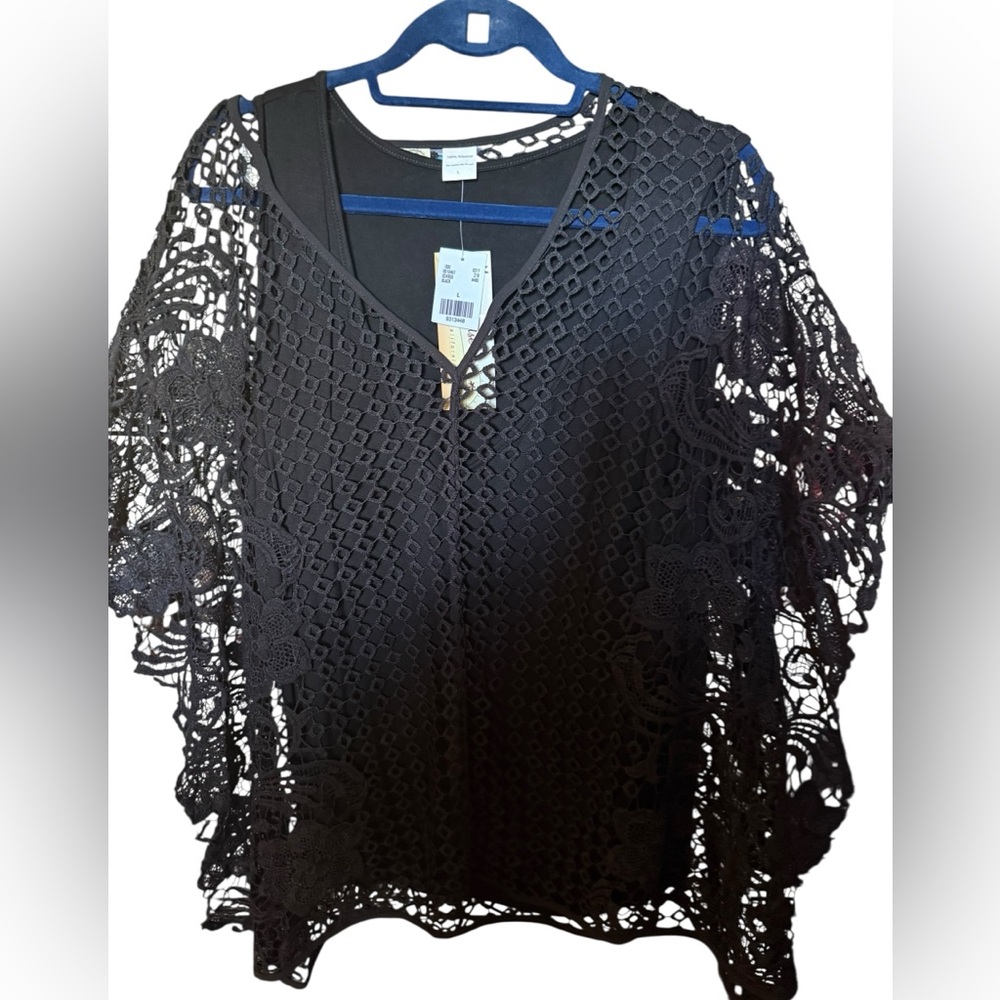 Impulse California Lace Crochet Top Black Boho Overlay Blouse L NWT